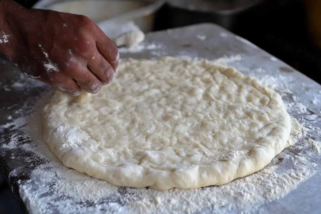 Flatbread dough being kneaded by hand on a floured surface.