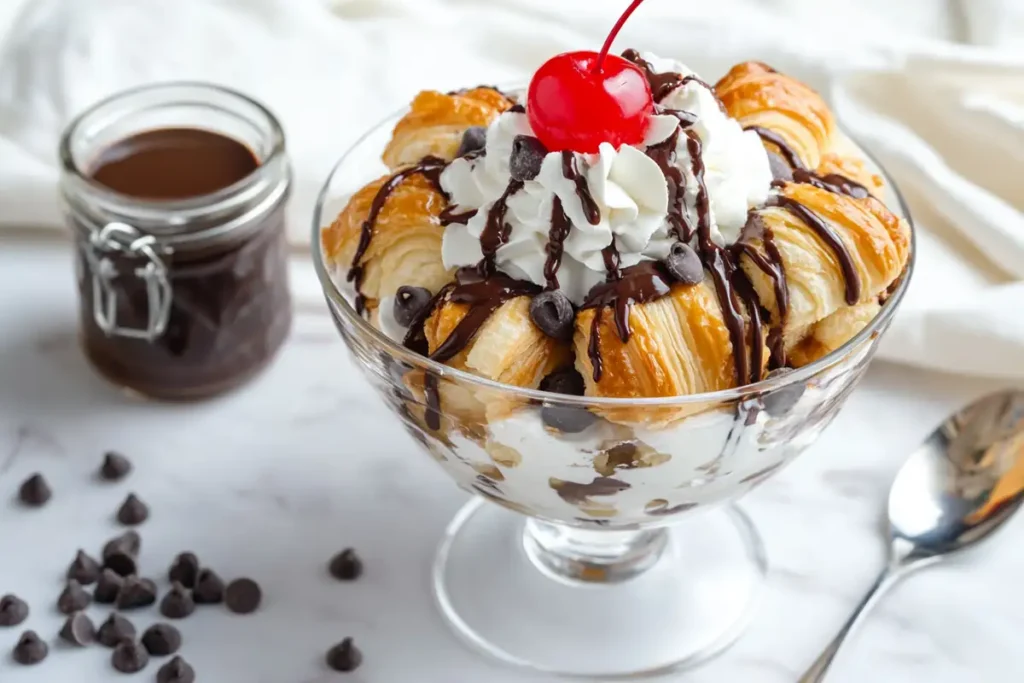 Nutella croissant sundae with whipped cream and chocolate chips