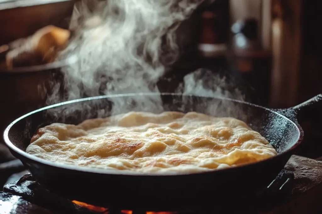 Flatbread cooking on a cast-iron skillet with golden brown spots.