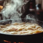 Flatbread cooking on a cast-iron skillet with golden brown spots.