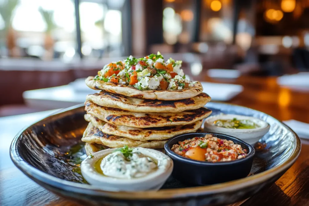 Stacked flatbreads with dipping sauces in a cozy dining setup