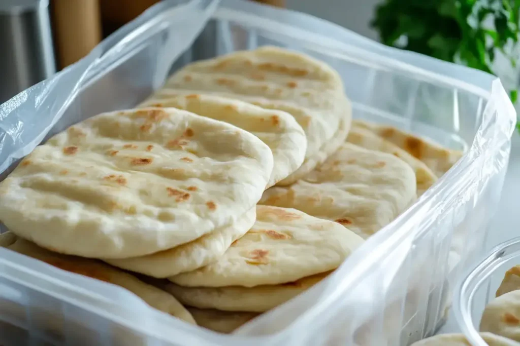 Flatbread being wrapped in parchment paper and placed in an airtight container.