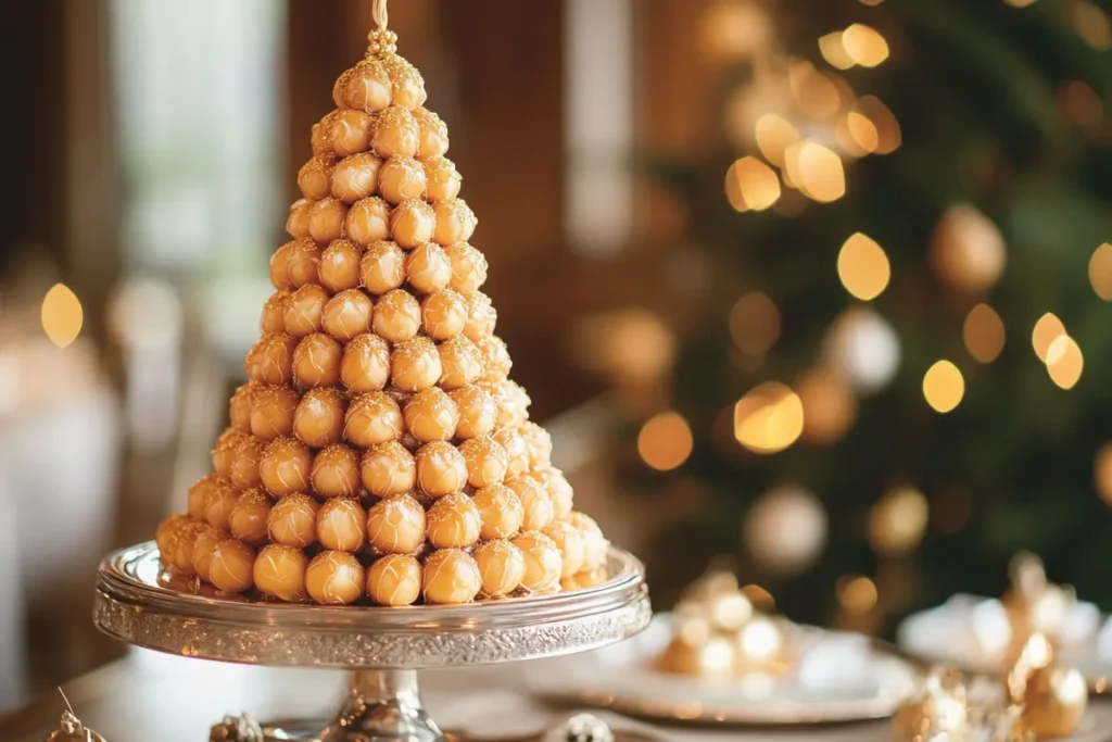 Towering croquembouche dessert with golden caramel threads.