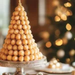 Towering croquembouche dessert with golden caramel threads.