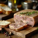 What is head cheese called in the South? This image shows traditional Southern hog's head cheese, sliced on a rustic wooden board, highlighting its gelatinous texture and rich spices.