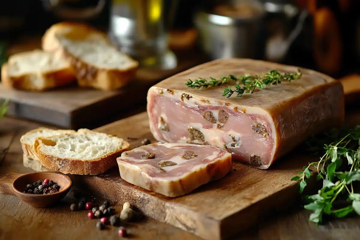 What is head cheese called in the South? This image shows traditional Southern hog's head cheese, sliced on a rustic wooden board, highlighting its gelatinous texture and rich spices.