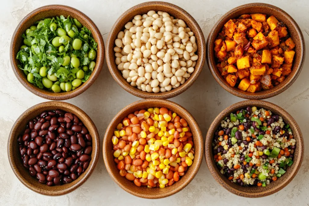 Five different variations of dense bean salad in separate bowls.