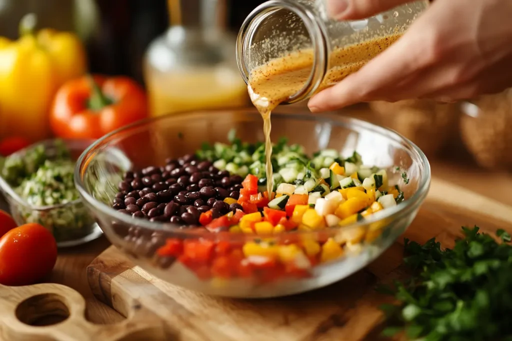 Chopped vegetables and beans being mixed for dense bean salad.