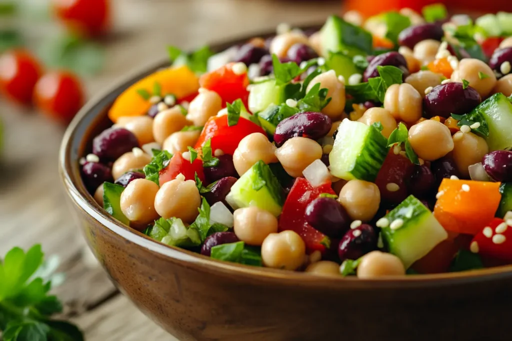 Fresh dense bean salad in a rustic bowl with colorful vegetables.