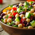 Fresh dense bean salad in a rustic bowl with colorful vegetables.